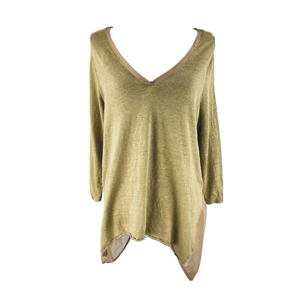 MarlaWynne Womens L 100% Linen Sharkbite‎ Flowy Deep V-Neck 3/4 Sleeve Blouse
